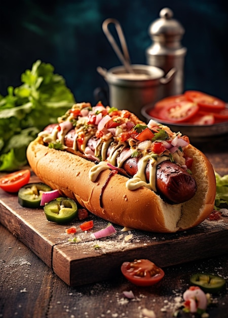 Hot dog z ogórkami smażonymi cebulowymi sosem i musztardą zbliżenie na rustykalnym tle