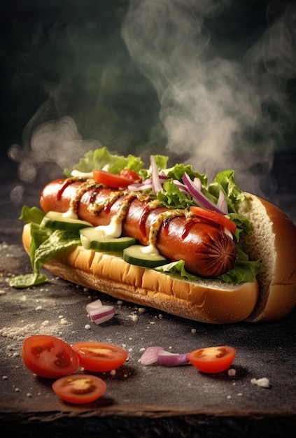Hot dog z ogórkami smażonymi cebulowymi sosem i musztardą zbliżenie na rustykalnym tle