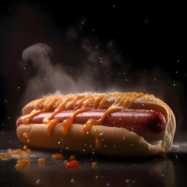 Hot dog z parą wodną na ciemnym tle Koncepcja fast food