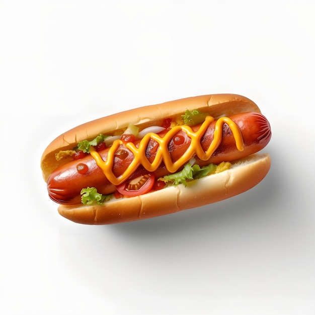 Hot dog z polewą musztardowo-pomidorową jest na białym tle.