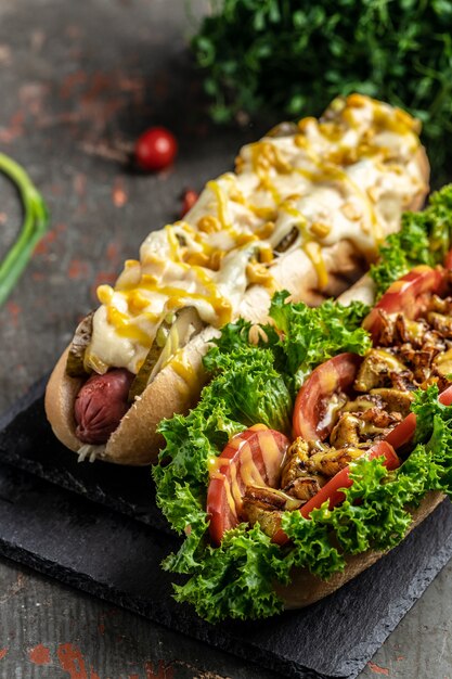 Hot-dogi w pełni wypełnione różnymi dodatkami. fast food hotdog, fast food i koncepcja fast foodów. obraz pionowy. widok z góry. miejsce na tekst