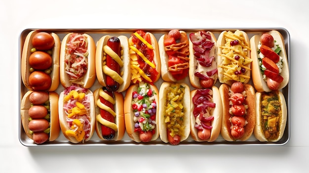 Hot dogi w pełni załadowane różnorodnymi dodatkami na tacy AI Generative