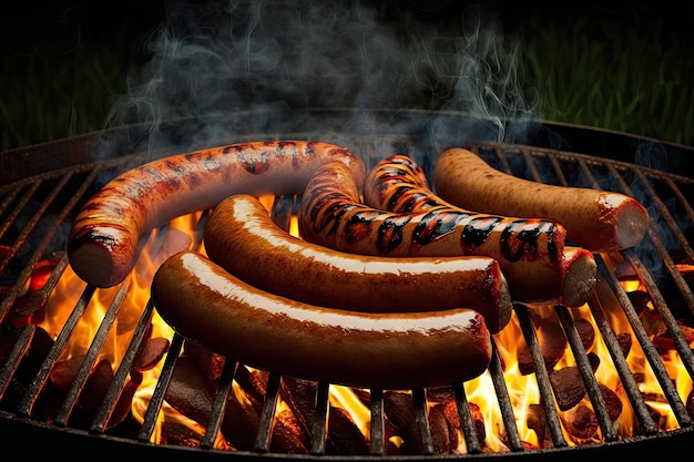 Hot dogi z kiełbasą i cebulą grillowane na otwartym ogniu na podwórkowym grillu