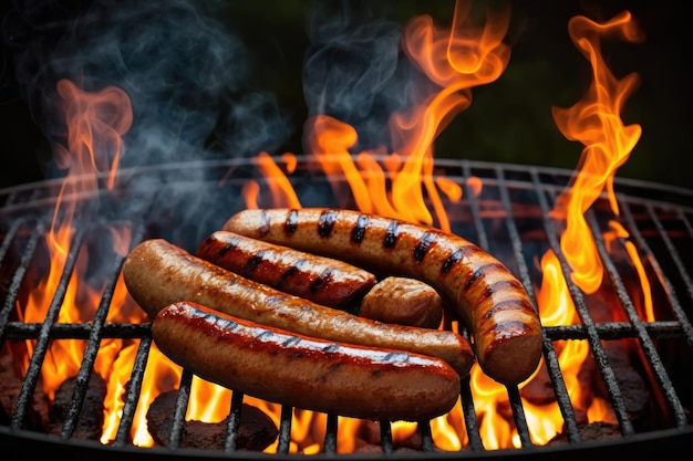 Hot dogi z kiełbasą i cebulą grillowane na otwartym ogniu na podwórkowym grillu