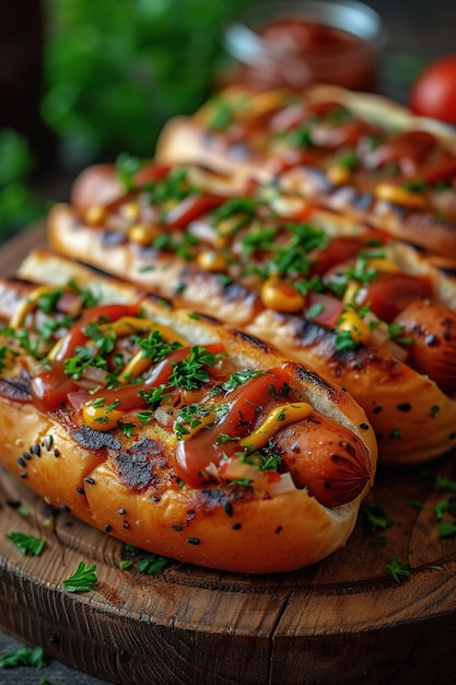Zdjęcie hot-dogi z kiełbaską na świeżych bułeczkach ozdobionych musztardą i ketchupem