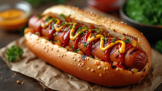 Hot-dogi z kiełbaską na świeżych bułeczkach ozdobionych musztardą i ketchupem