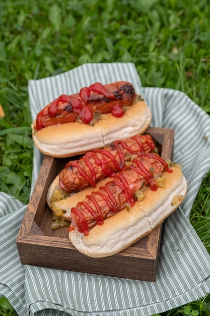 hot dogi z musztardą, keczup na stole piknikowym