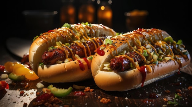 Zdjęcie hotdog z dużą kiełbasą wypełnioną roztopionym majonezem i posypaniem posiekanych warzyw