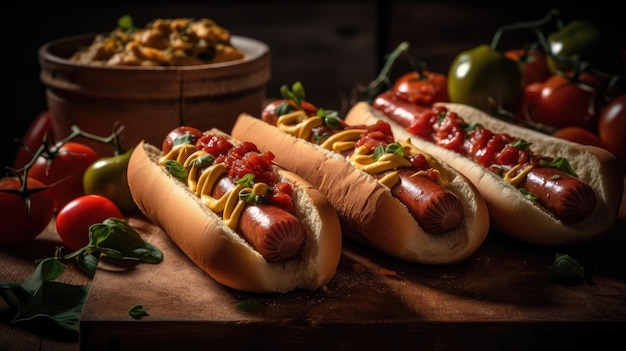 Hotdog z pełnymi składnikami i majonezem na drewnianej płytce i rozmytym tle