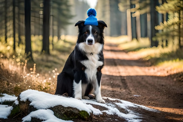 hoto portret czarnego border collie z uroczą czapką w lesie pokrytym śniegiem