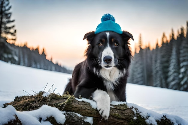hoto portret czarnego border collie z uroczą czapką w lesie pokrytym śniegiem