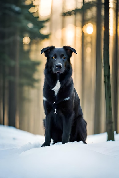 hoto portret czarnego border collie z uroczą czapką w lesie pokrytym śniegiem