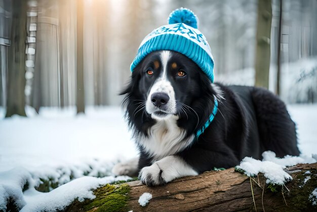 hoto portret czarnego border collie z uroczą czapką w lesie pokrytym śniegiem