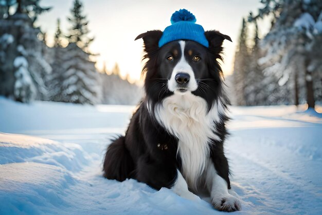 hoto portret czarnego border collie z uroczą czapką w lesie pokrytym śniegiem