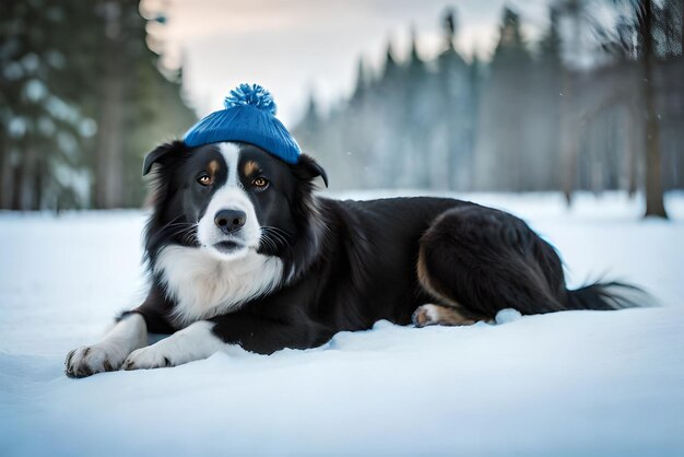 hoto portret czarnego border collie z uroczą czapką w lesie pokrytym śniegiem