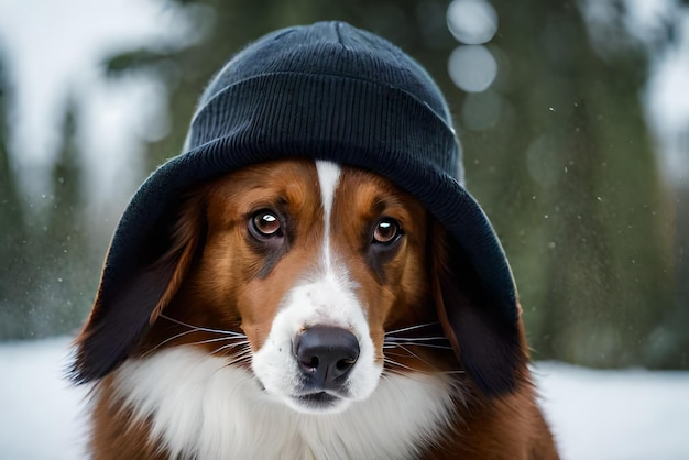 Zdjęcie hoto portret czarnego border collie z uroczą czapką w lesie pokrytym śniegiem