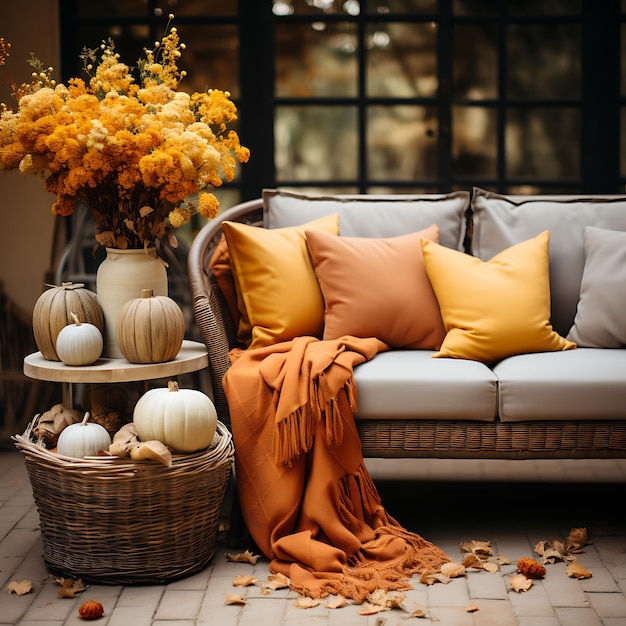 hotografia Przytulna jesienna sceneria z dyniami i liśćmi w odcieniach pomarańczowo-brązowego i złotego