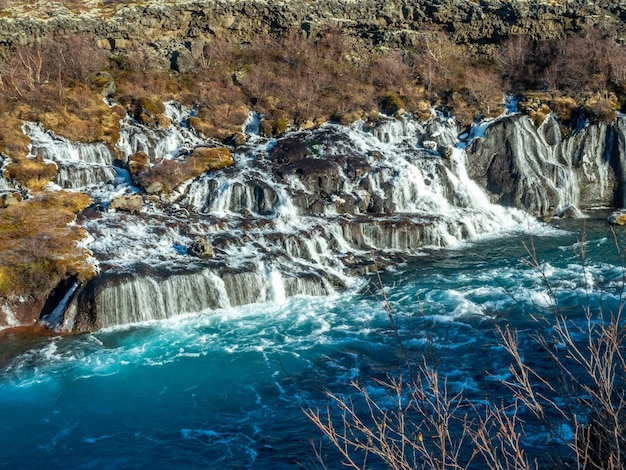 Hraunfossar waterall Lawa spada na jeden z niezwykłych klifów wodnych na Islandii