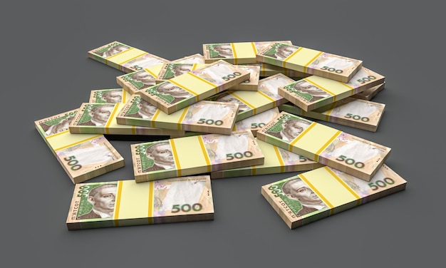 Zdjęcie hrywnia ukraińska koncepcja finansowa 3d renderowanie 500 banknotów hrywnia ułożone symbolizujące bogactwo