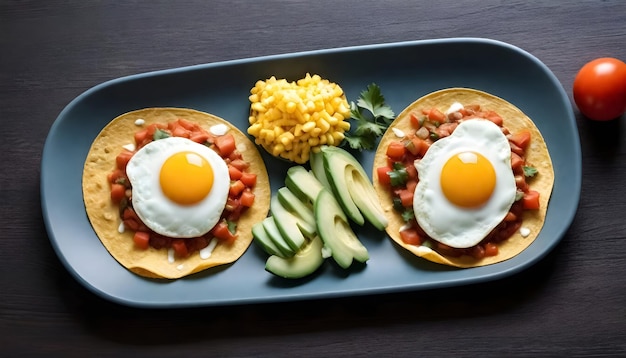 huevos rancheros z dwoma tacos z jajkami i pomidorami na niebieskim talerzu