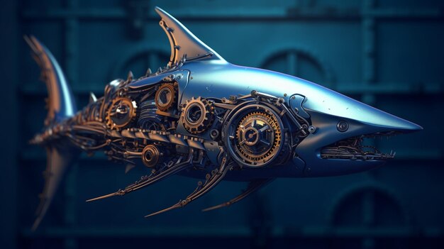 Huge Mechanical Blue Shark with gears illustrationobraz sztuka generowana przez sztuczną inteligencję