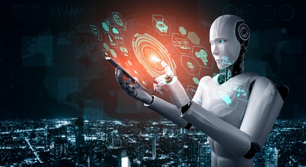 Humanoid robota używa telefonu komórkowego lub tabletu do globalnego połączenia sieciowego