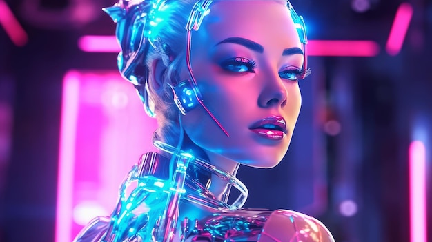 Humanoidalna Cyber Dziewczyna W Wirtualnych Technologiach Cyfrowych W świetle Neonowym Futurystyczny Robot W Renderowaniu 3d Koncepcja Współistnienia Ludzi I Robotów