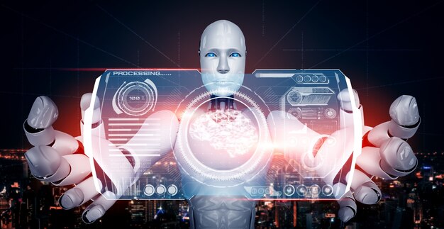 Humanoidalny robot AI trzymający ekran wirtualnego hologramu przedstawiający koncepcję mózgu AI