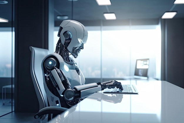 Humanoidalny robot renderujący 3D pracujący w nowoczesnym biurze z komputerem na stole Dyrektor generalny futurystycznego robota Ai siedzi na krześle biurowym AI Generowane