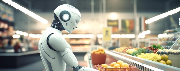 Humanoidalny robot robi zakupy w supermarkecie