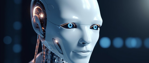 Humanoidalny robot twarz zbliżenie futurystyczny nowoczesny tech chatbot pomoc auto rozmowa tło