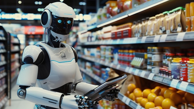 humanoidalny robot z tabletem w supermarkecie lub sklepie spożywczym