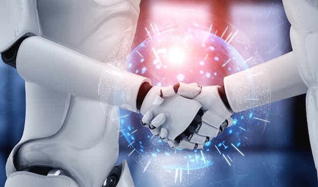 Humanoidalny Uścisk Dłoni Robota Renderującego 3d W Celu Współpracy Z Technologią Przyszłości