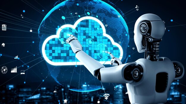 Huminoid robota AI wykorzystuje technologię przetwarzania w chmurze do przechowywania danych na serwerze online