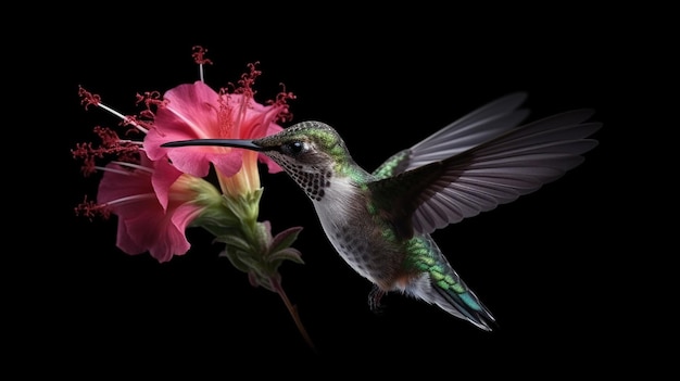 Hummingbird w locie z różowym kwiatem odizolowywającym na czarnym tlegenerative ai