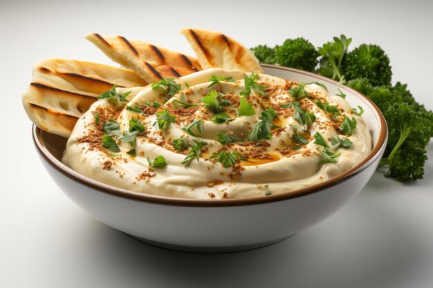 Zdjęcie hummus i krakersy w misce.