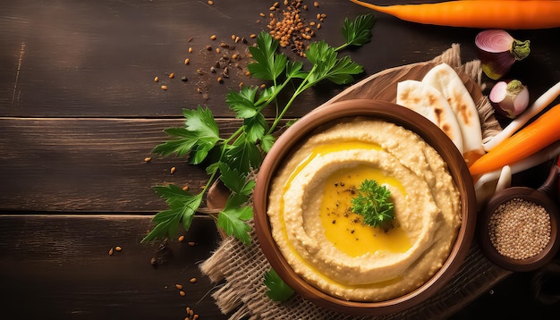 Hummus na drewnianym stole to tradycyjne danie izraelskie