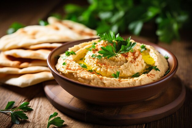 Zdjęcie hummus podawany z pikantnym sosem harissa