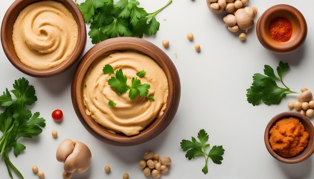 Hummus z ciecierzycy w drewnianej misce ozdobionej natką pietruszki