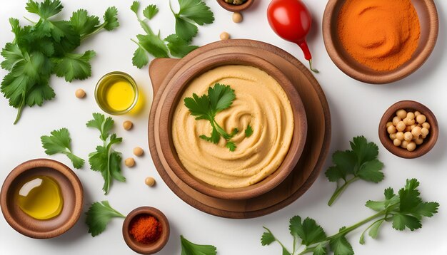 Hummus z ciecierzycy w drewnianej misce ozdobionej natką pietruszki