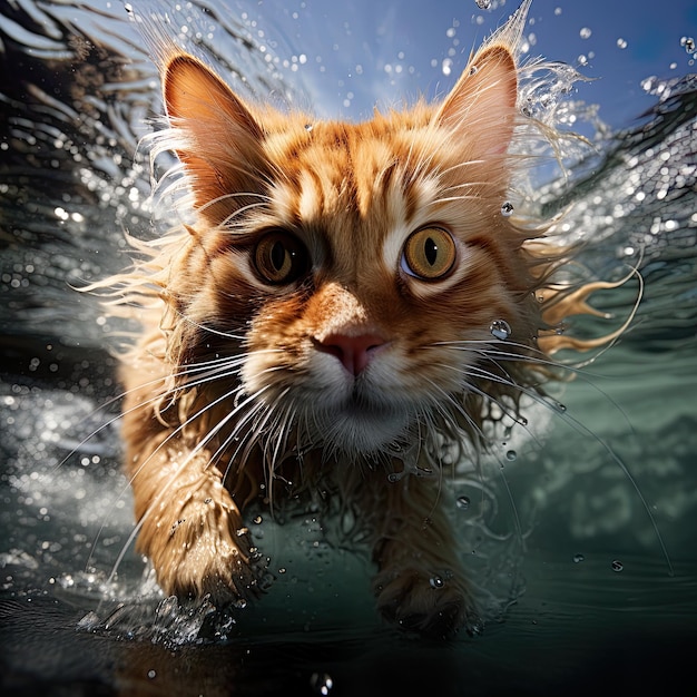 Humorystyczna karykatura kota pływającego pod wodą Generatywna Ai
