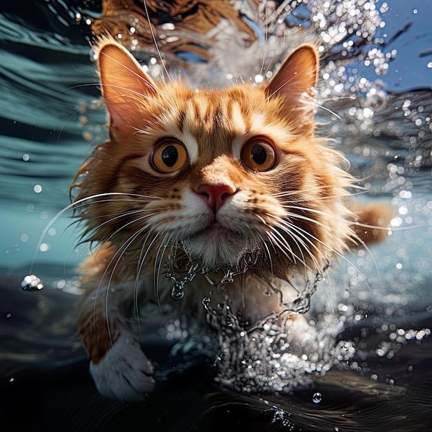 Humorystyczna karykatura kota pływającego pod wodą Generatywna Ai