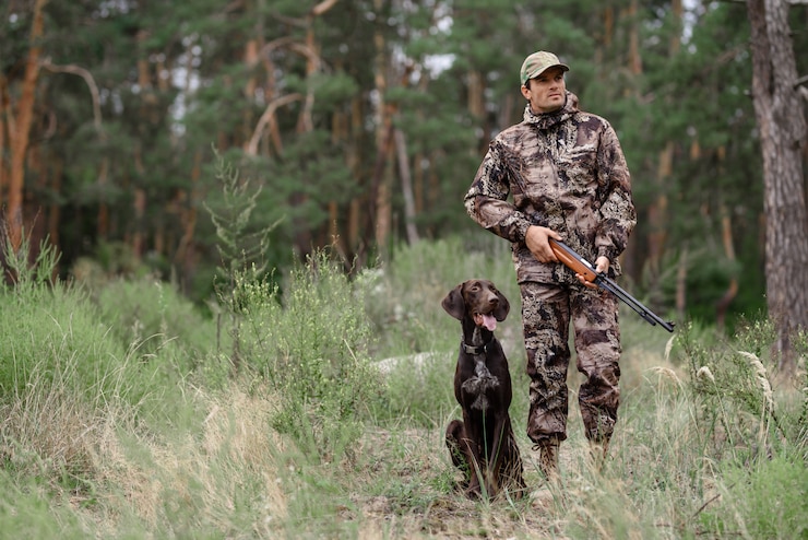 Zdjęcie hunter with rifle walking przez forest pointer dog.