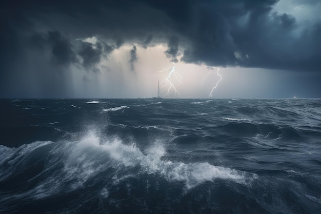 Huragan wirujący nad oceanem z uderzeniami piorunów i deszczem stworzonym za pomocą generatywnej sztucznej inteligencji