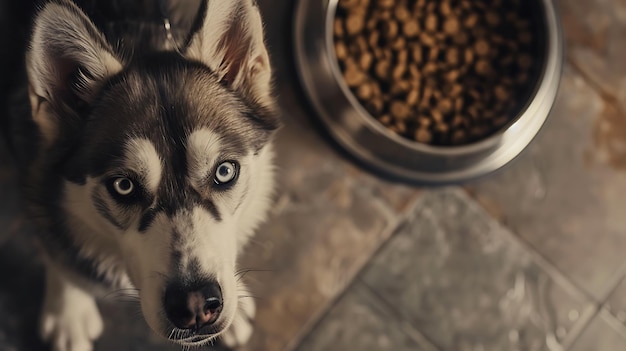 Huskies intensywne spojrzenie w pobliżu miski z jedzeniem czeka na uwagę