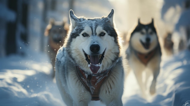 Husky biegnące po śniegu