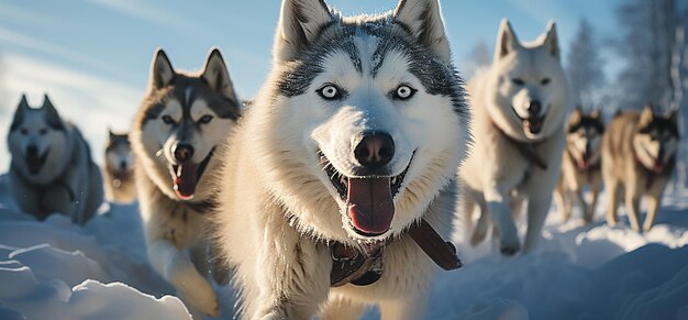 Husky dogs ciągną parę ludzi w śniegu.