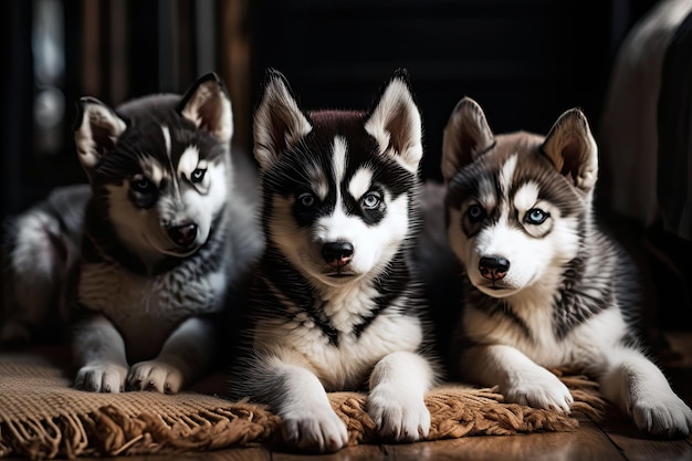 Husky I Szczenięta Leżące Na Matie Generacyjna AI