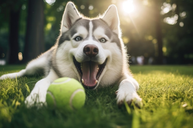 Husky pies cieszy się spokojnym momentem z piłką tenisową na zielonym letnim łące