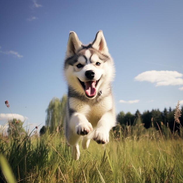 husky pies skacze w trawie z wyciągniętym językiem